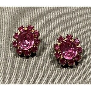 Vintage Pink Rhinestone Cluster Clip-On Earrings Gold Tone Signed Austria
